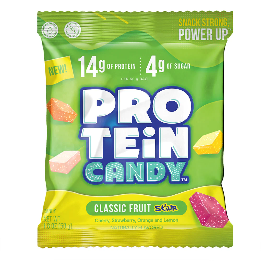 Sour Protein Candy Classic Fruit Peg Bags - 12ct